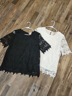 Philosophy Lace Short-Sleeve Blouse in Black and White